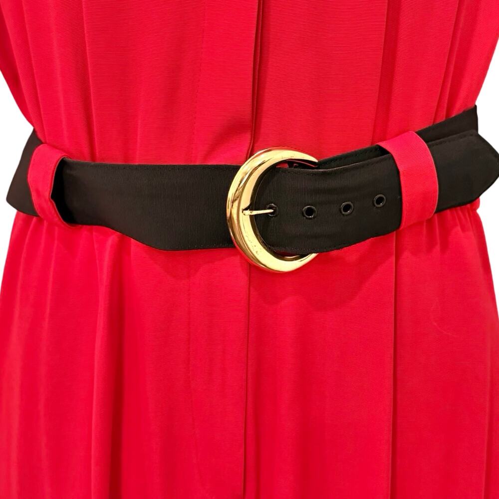 Vintage 80s Red Black Collared Belted Pleated Shoulder Pads Midi Dress size M - Picture 8 of 16